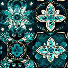Naklejka premium Elegant and seamless pattern with a blend of water-inspired hues and bold ink colors, influenced by African square fabric patterns, perfect for a luxurious vintage design