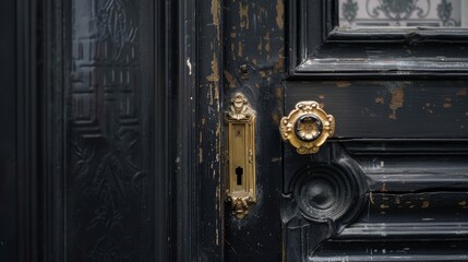 Enigmatic black door with opulent gold handle, inviting exploration. Dramatic dark background with...