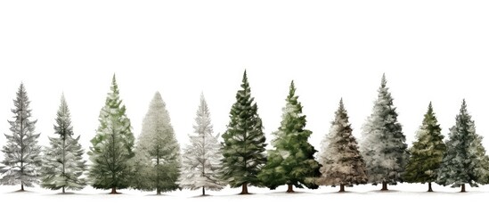 Obraz premium Various coniferous trees set against a blank white backdrop with copy space image included.
