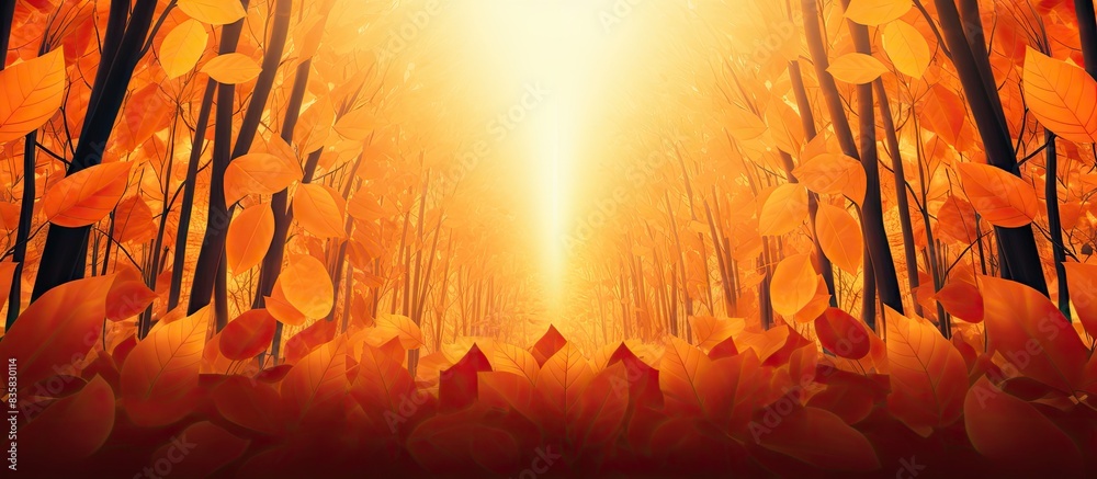 Wall mural scenic view featuring yellow trees, green grass, and sun in a park with colorful foliage. includes f