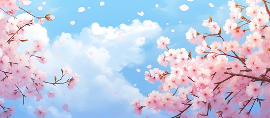 Obraz premium Cherry blossoms in full bloom against a picturesque backdrop with copy space image.