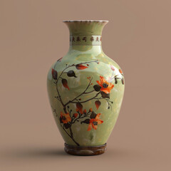 antique vase with flower pattern on brown background