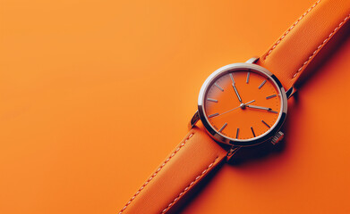 An orange watch on an orange background, creating a monochromatic aesthetic.