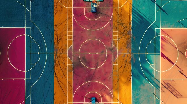 Basketball court from above, vibrant colors, dynamic lines