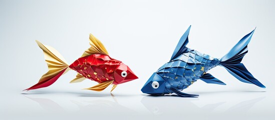 Top view of four colorful origami fish on a blue backdrop with ample copy space image available.