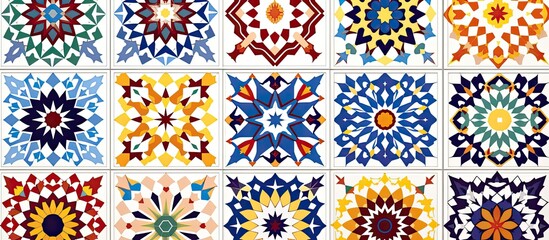 A variety of banners showing ancient mosaic walls adorned with floral and geometric designs, providing a range of backgrounds featuring traditional Iranian tile decorations with copy space image.