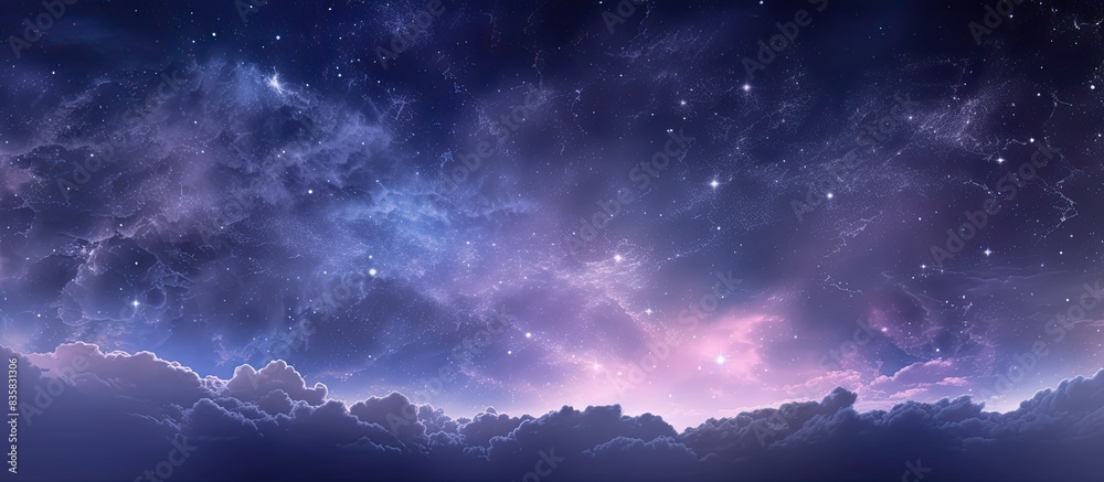Wall mural a panoramic night view against a blue starry sky with grain and adjusted white balance, ideal for ad