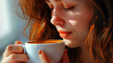 Woman with a cup of coffee. AI Generative.