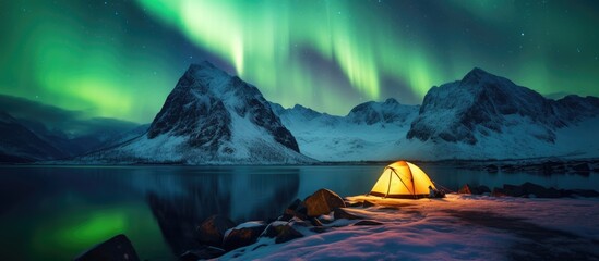 A radiant yellow tent beneath a stunning green northern lights display in the camping background image with copy space.