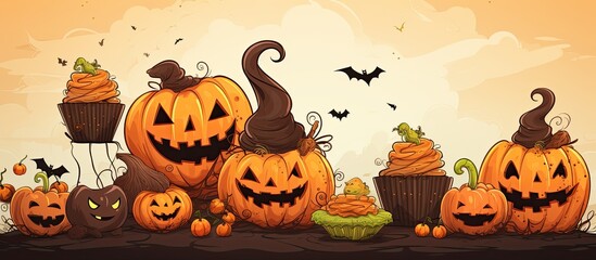 Assortment of funny creative Halloween-themed foods for kids' parties, including cookies, snacks, cereals, and hot dogs, with copy space image.