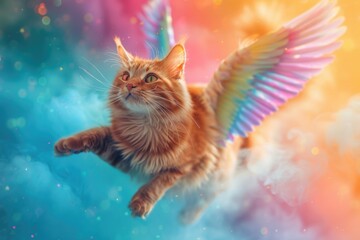 Cat soaring amid rainbow