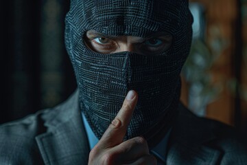 Person with hood and finger in front of face