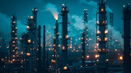 Fototapeta premium A blue hour scene at an oil refinery, where the silhouette of tanks and pipes creates a graphic industrial landscape