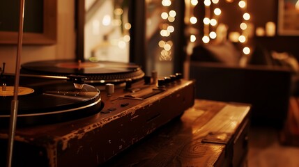 Obraz premium Loft entertainment space, close-up on vintage record player and collection of vinyl, mood lighting