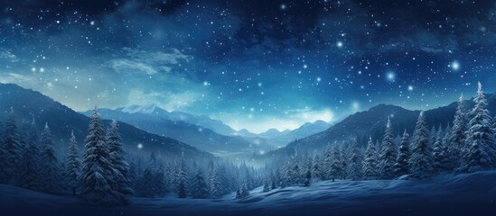 A monochrome image of a winter night sky filled with glistening stars above a snowy field - ideal for a Christmas-themed copy space image.