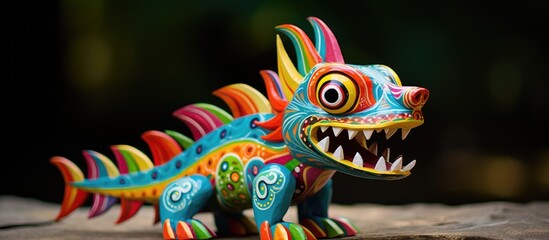 Discover the colorful and intricate Mexical art craft of Alebrijes in Oaxaca with vibrant designs and unique shapes showcased in a copy space image.
