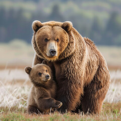 Obraz premium Fluffy Brown Bear Mother and Cub