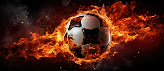Fototapeta premium Closeup of a soccer ball on the grass of a football field in a packed stadium with spotlights at dusk, representing sport, art, and power in an advertising-friendly copy space image.