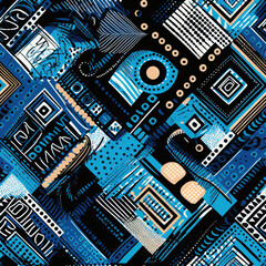 Unique and seamless pattern integrating water and ink color elements with African square fabric motifs, offering a vintage luxury aesthetic suitable for high-end design