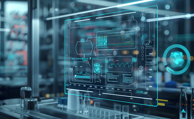 Fototapeta premium A medical device in a sterile, minimalist lab environment, featuring digital interface overlays displaying data and diagnostics, emphasizing the precision and advanced technology of the equipment.