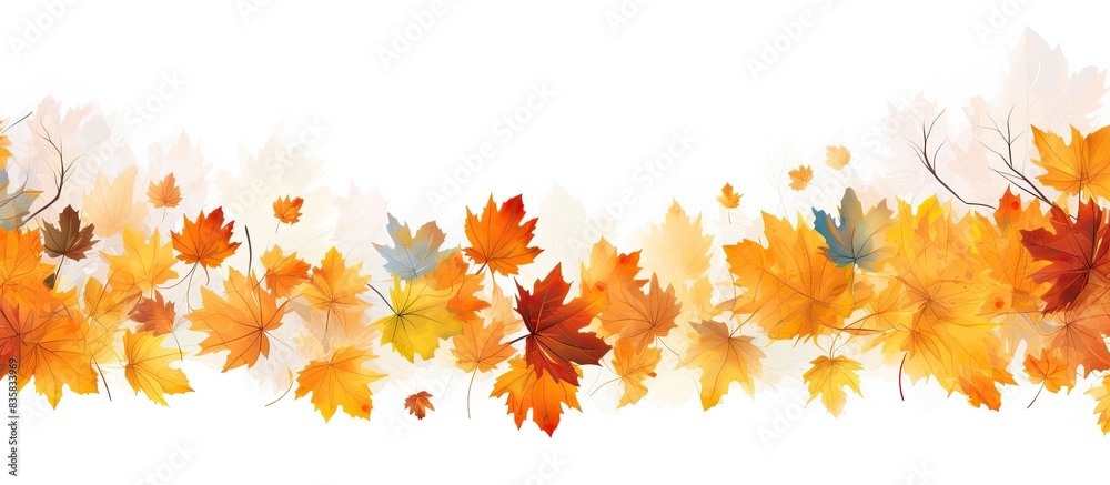 Wall mural banner featuring autumn leaves falling with a copy space image on a white backdrop.
