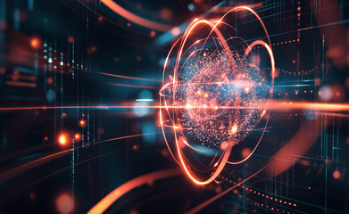 Fototapeta premium Futuristic technology, composed of glowing orange lines and particles in circular patterns, on a dark background, with space for text. The design is striking and modern, highlighting advanced digital 