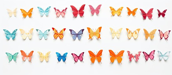 Step-by-step guide creating a yellow paper butterfly in origami style, showcased in a photo collage on a light blue background with copy space image.