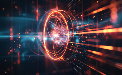 Obraz premium Futuristic technology, composed of glowing orange lines and particles in circular patterns, on a dark background, with space for text. The design is striking and modern, highlighting advanced digital 