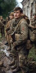 Obraz premium A soldier in a military uniform with a gun standing in a forest