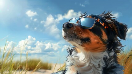 Beach-ready pup sporting sunglasses, basking in coastal sunshine.