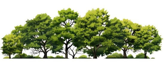 An assortment of fall trees is shown against a white backdrop in a picture with space for adding text or other elements. Copy space image. Place for adding text and design