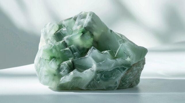 A jadeite fragment in its natural form placed on a white surface