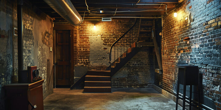 old basement with steps and lighting, wallpaper, background
