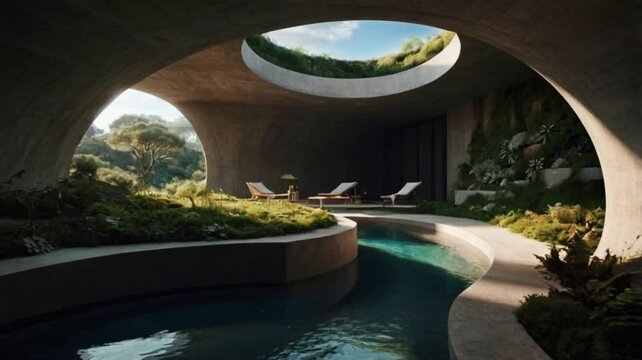 View of a relaxing place in a modern cave, seamless looping 4k animation video background
