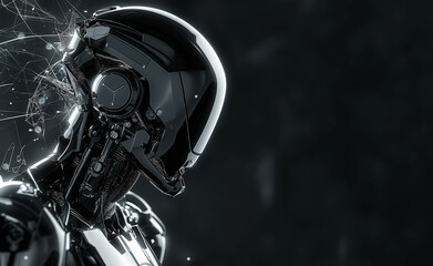 Obraz premium A cutting-edge AI robot, made from glowing silver lines and particles on a dark background, with plenty of space for text. The composition is futuristic and captivating, evoking advanced technology.