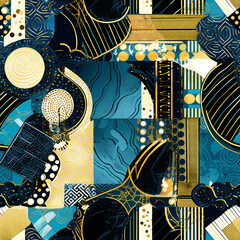 Unique and seamless pattern integrating water and ink color elements with African square fabric motifs, offering a vintage luxury aesthetic suitable for high-end design