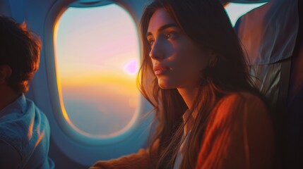 Woman sitting on airplane looking out window
