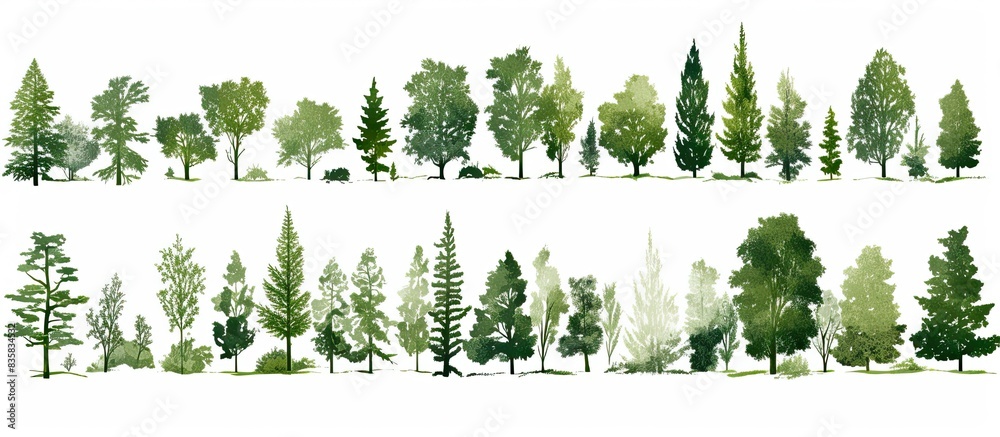 Sticker rows of green trees and bushes in a summer forest setting against a white background with copy space