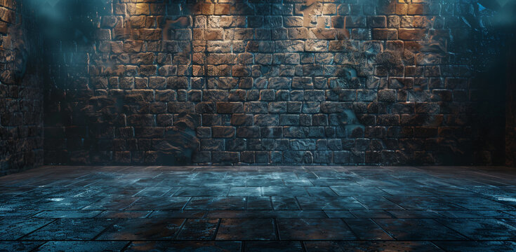 gloomy abandoned basement with a brick wall in smoke and poor lighting in grunge style, background for computer games, desktop wallpaper