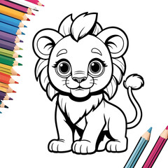 Fototapeta premium A lion in cartoon style. Cute lion isolated on white background. Watercolor drawing, hand-drawn, coloring book, illustration.