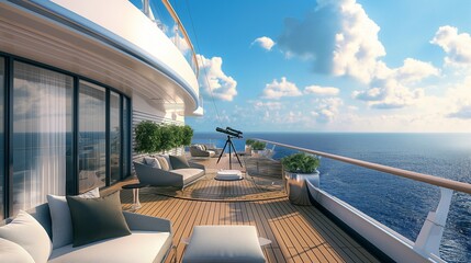 A stylish observation deck on a cruise ship with comfortable seating, telescopes, and a panoramic view of the ocean and sky.