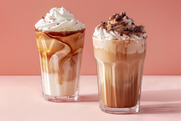 A pair of iced coffee beverages on a bright pastel-colored table with a pink background