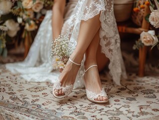 Bride's wedding shoes close up with flowers in the room