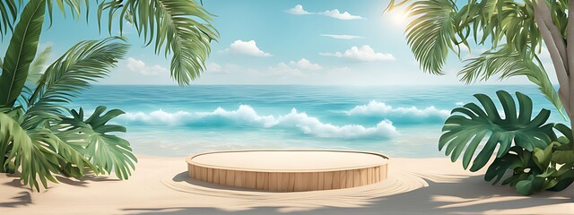 "Beach Podium Summer Background with Sand and 3D Sea Display Platform. Summer Banner Stand Scene with Sale, Sky, Holiday Vacation Stage, Water, Island, Sun, Travel Pedestal, Promotion Presentation Ad.