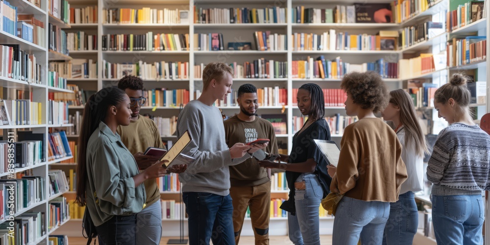 Poster a diverse group of students is studying together in the library, sharing knowledge, and engaging in 