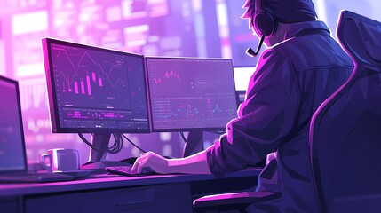 worker sitting in office computer, flat vector illustration, worker scene for online platform products and services.