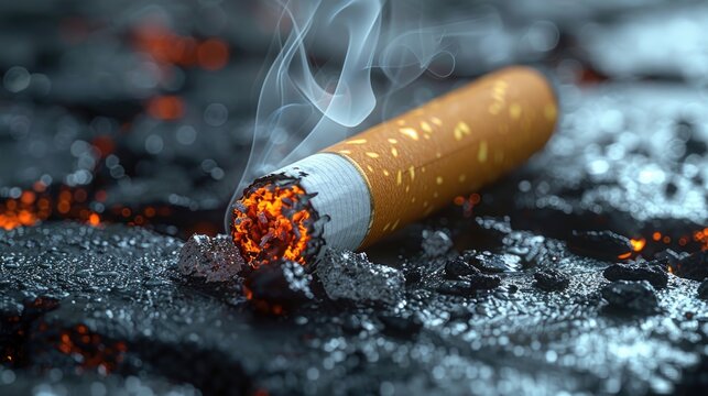 Burning cigarette on ashy surface