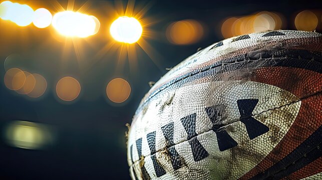 Close-up of a rugby ball with the stadium lights blurred in the background, ideal for a sports promotion