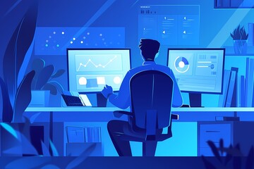 worker sitting in office computer, flat vector illustration, worker scene for online platform products and services.