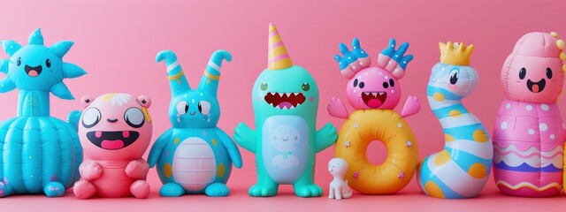 Obraz premium cute crazy monsters with hand made of inflatable items on pastel pink background in style of 3d. Abstract, fantasy, dreamlike concept. banner